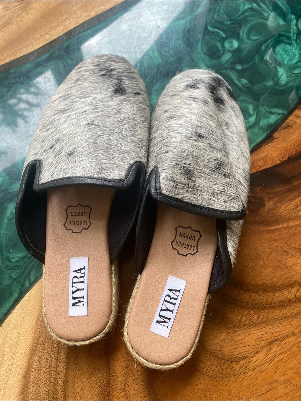 NEW Myra Gray and Black Haircalf Slip-On Mules. Looks so Lux!